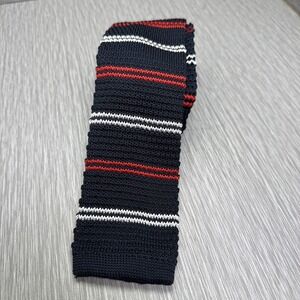 Mens Knit Square End Tie Navy Red Stripe Retro 80s Preppy Style